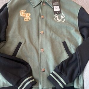 True Religion Men's Varsity Jacket Large Collared Patch Fleece Green Black NWT